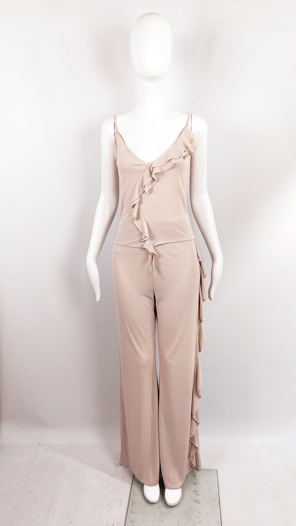 Orna Farho Paris Vintage Beige Jersey Ruffled Two Piece Palazzo Set.