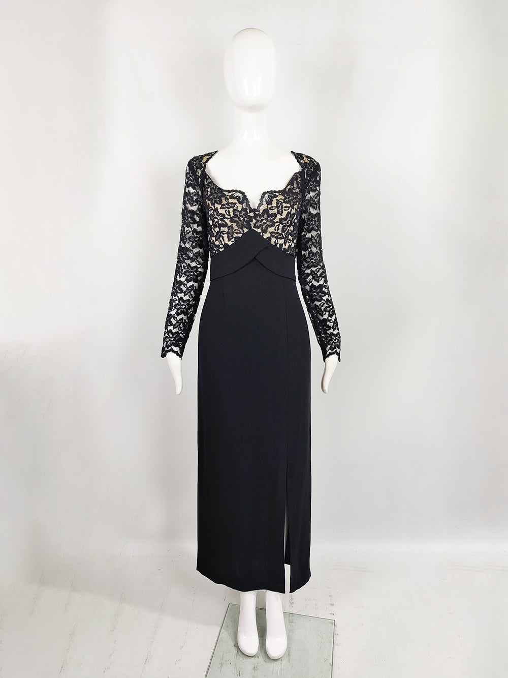 A vintage Bob Mackie Black Lace and Nude Maxi Evening Gown from the 90s