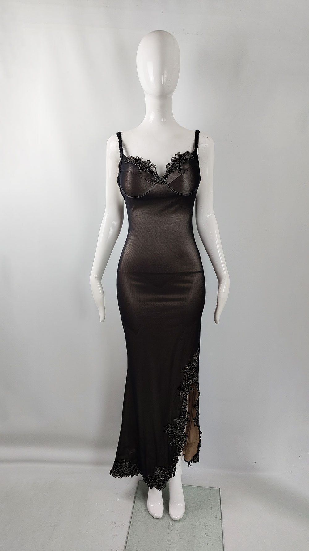A vintage y2k maxi bodycon black mesh dress by by British designers, Catwalk Collection with lace details.