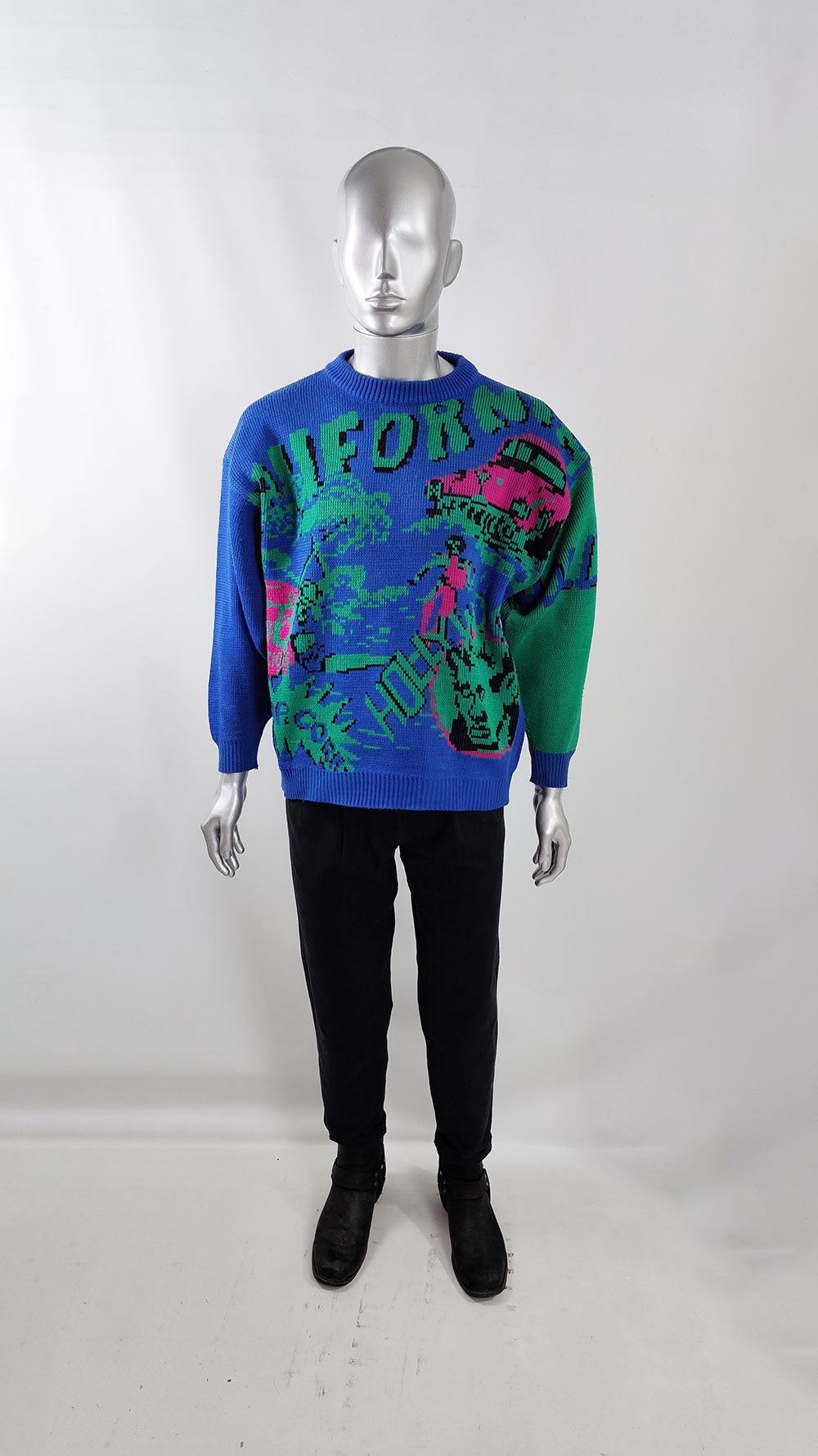 Hollywood California Vintage Mens Pop Art Blue Knit Sweater, 1980s