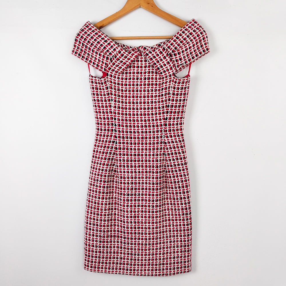 Andrea Odicini Couture Red White Woven Ribbon Party Dress