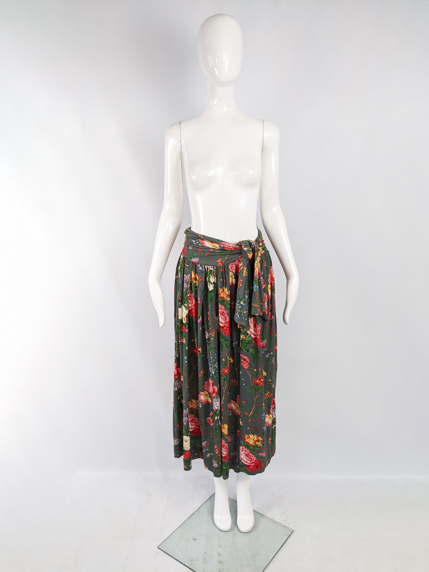 Newpenny by Max Mara Vintage Floral Sash Tie Midi Skirt, 1990s
