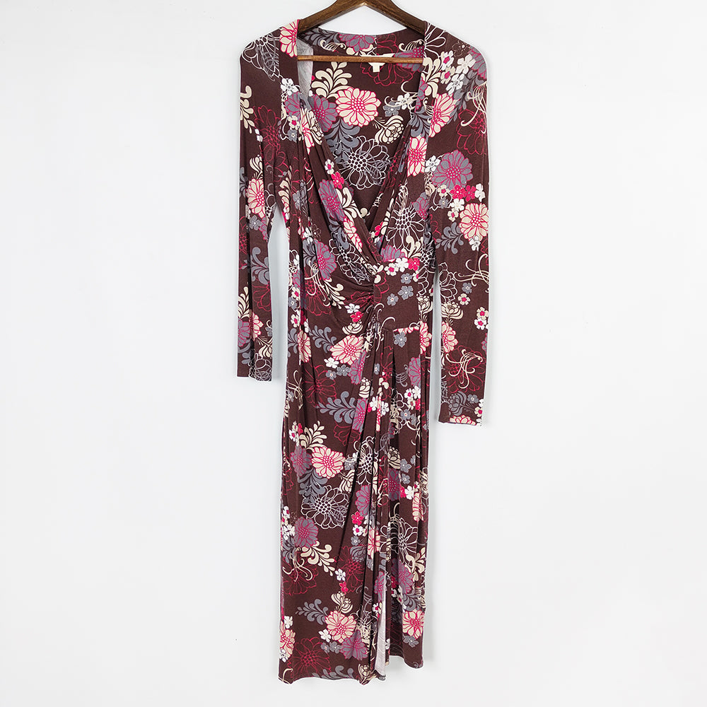 Ronit Zilkha Vintage Brown Jersey Floral Ruched Dress, 1990s