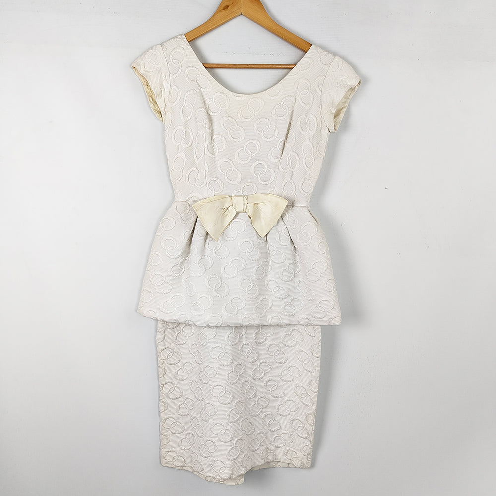 Vintage 1950s White Peplum Brocade Evening Dress