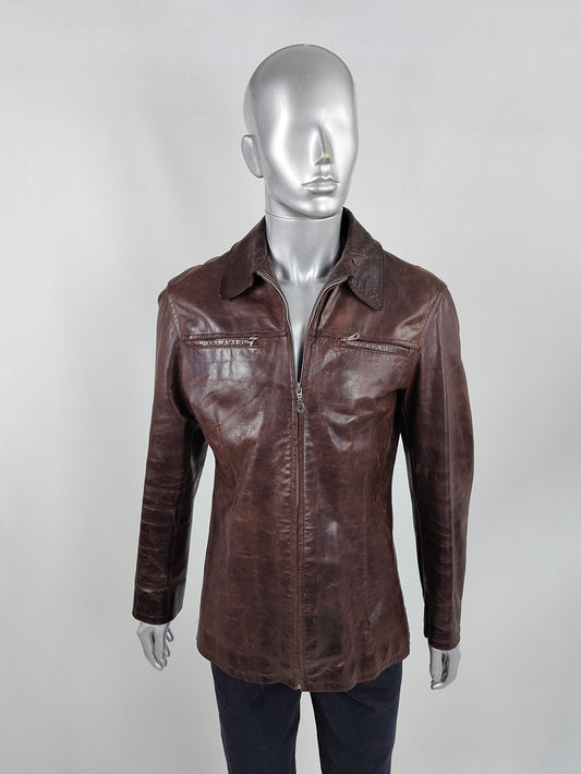 Costume National Men's Brown Mottled Leather Biker Jacket, Fall 2003