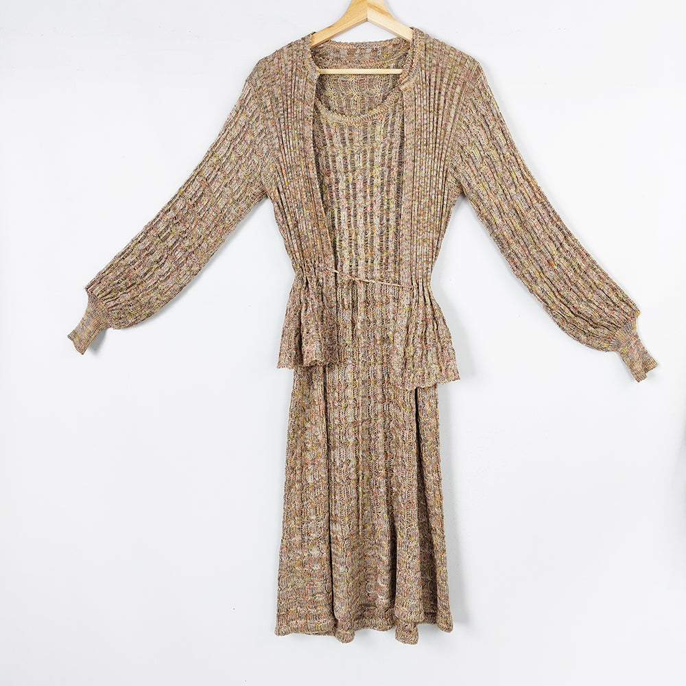Vintage Womens Two Piece Knit Dress & Cardigan Set, 1970s