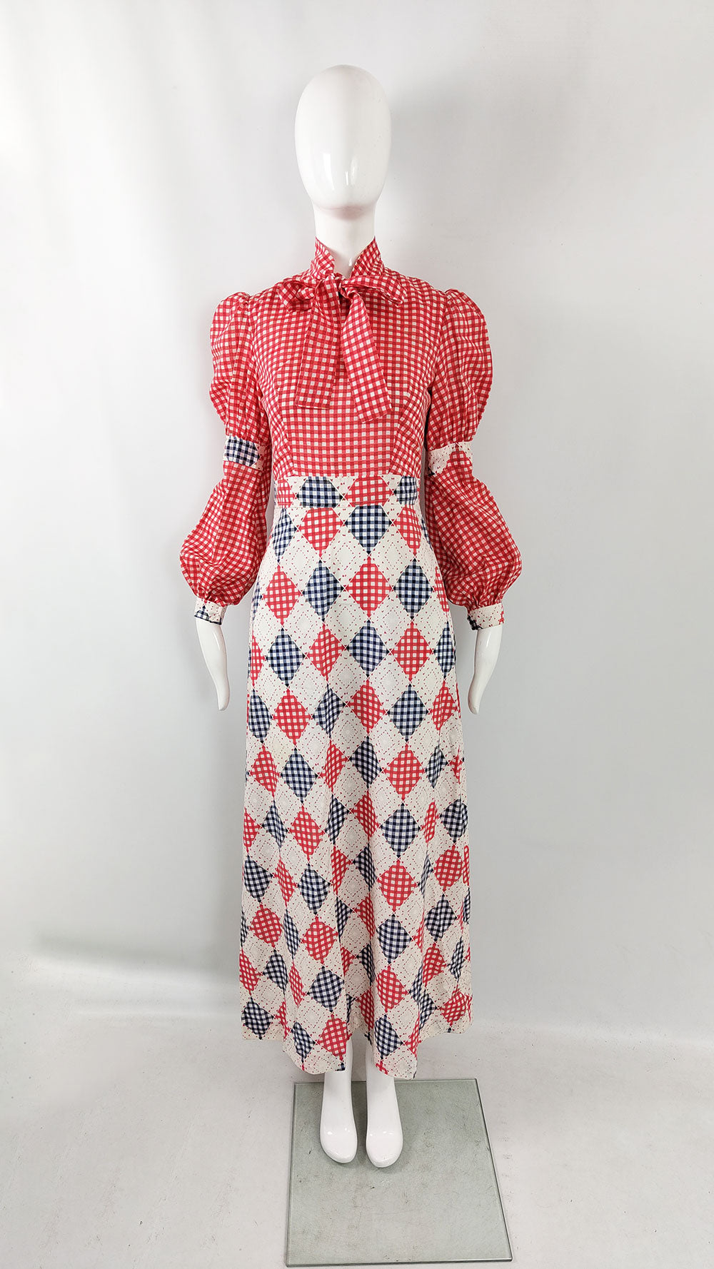 St Andre Red & White Gingham Check Maxi Dress, 1970s