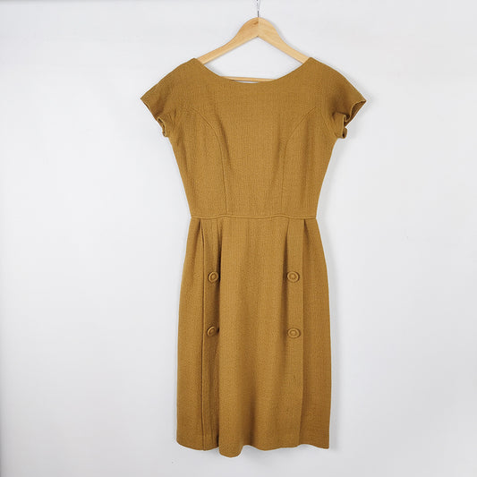 Vintage 1950s Mustard Wool Short Sleeve Dress