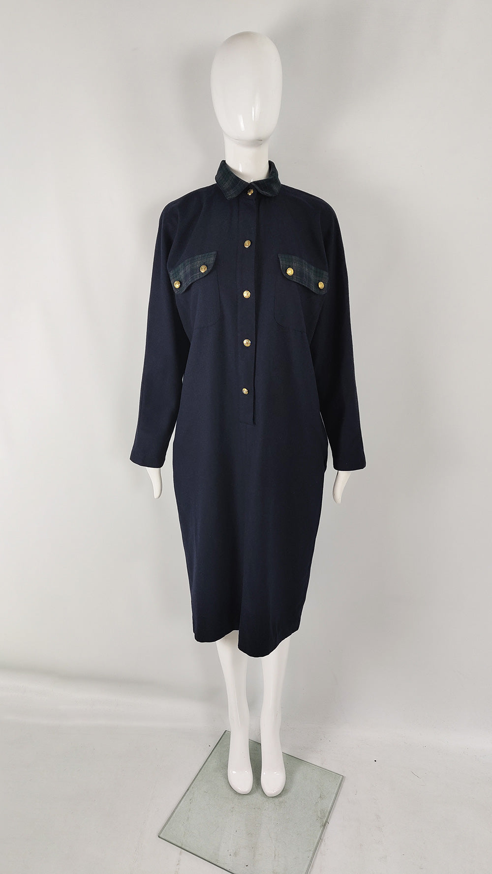 Luisa Spagnoli Vintage Navy Blue & Green Shirt Dress, 1980s