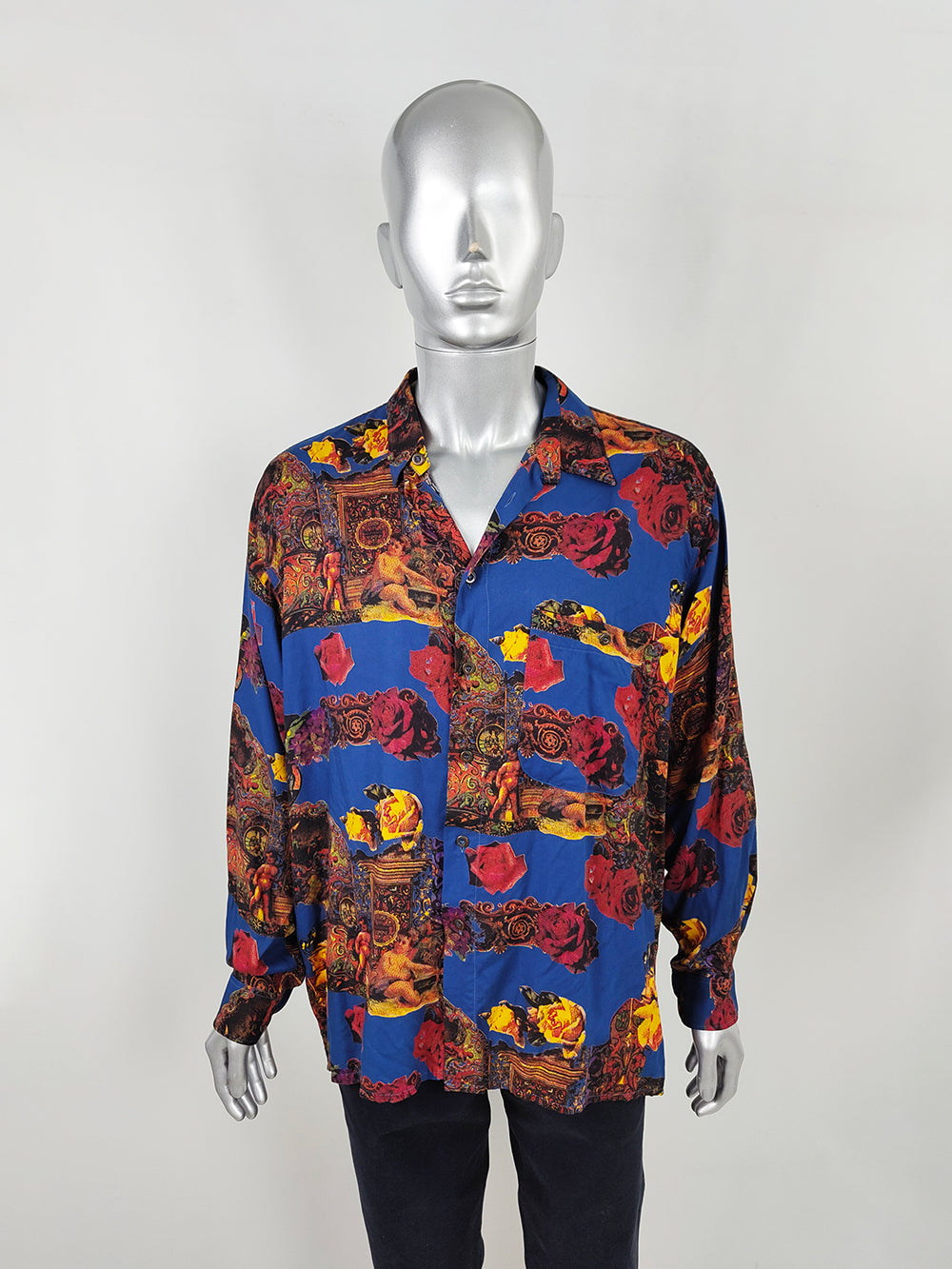 Zazzi Vintage Men's Blue Baroque Floral Viscose Shirt, 1990s