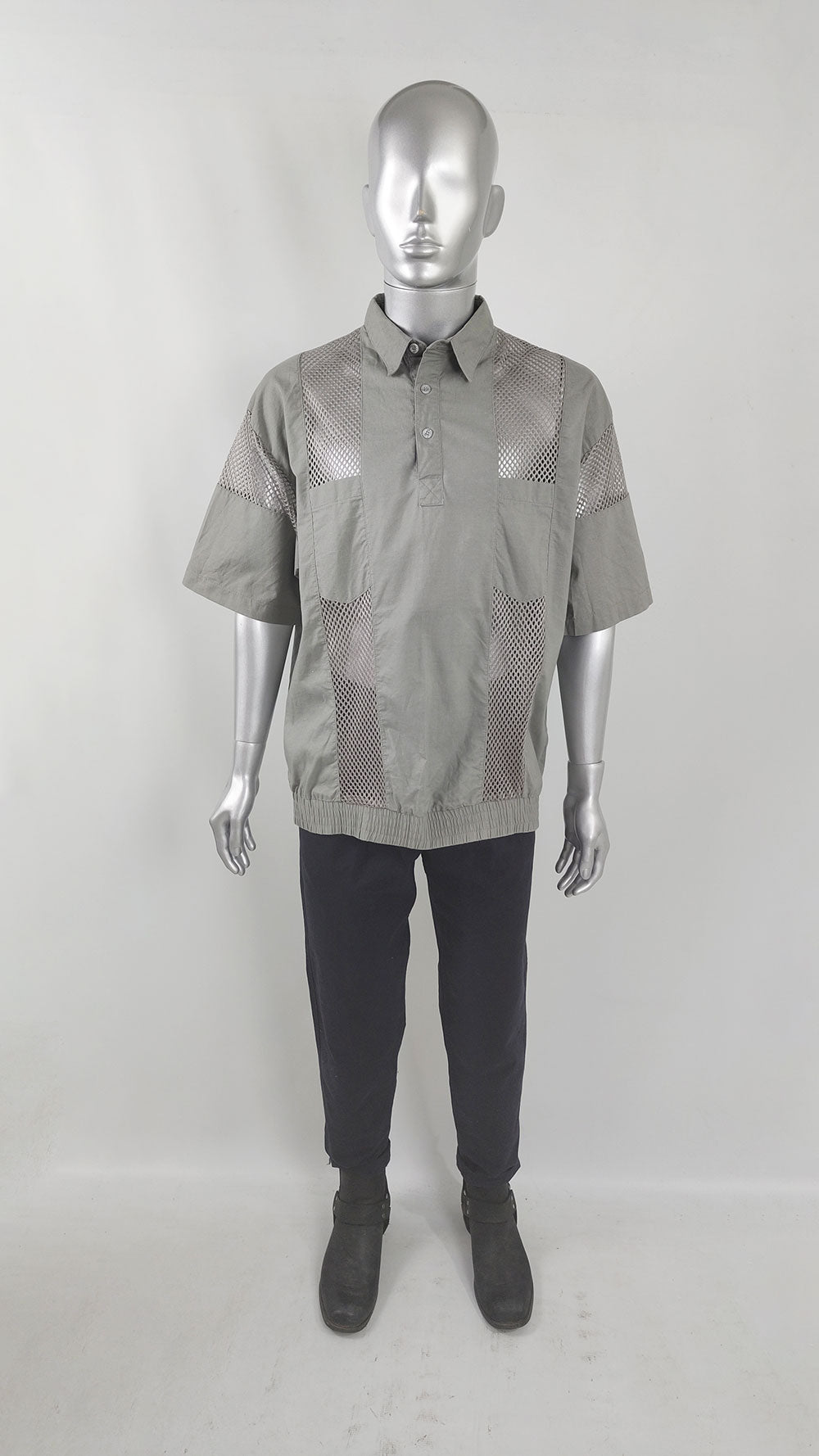 Vintage Mens Grey Sheer Mesh Panel Short Sleeve Shirt