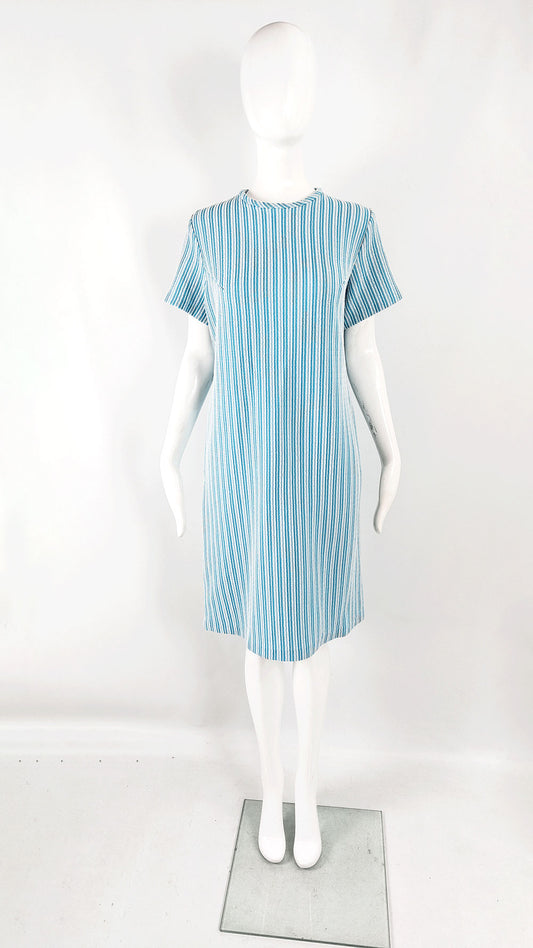 Vintage Blue & White Textured Polyester Mod Shift Dress, 1960s
