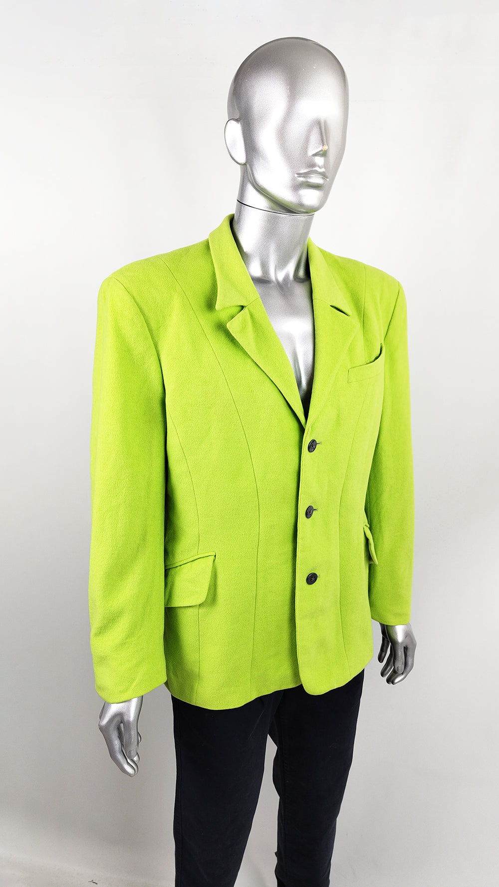 A Thierry Mugler vintage mens highlighter green futuristic panelled blazer jacket with pointed lapels. 