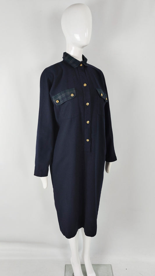 Luisa Spagnoli Vintage Navy Blue & Green Shirt Dress, 1980s