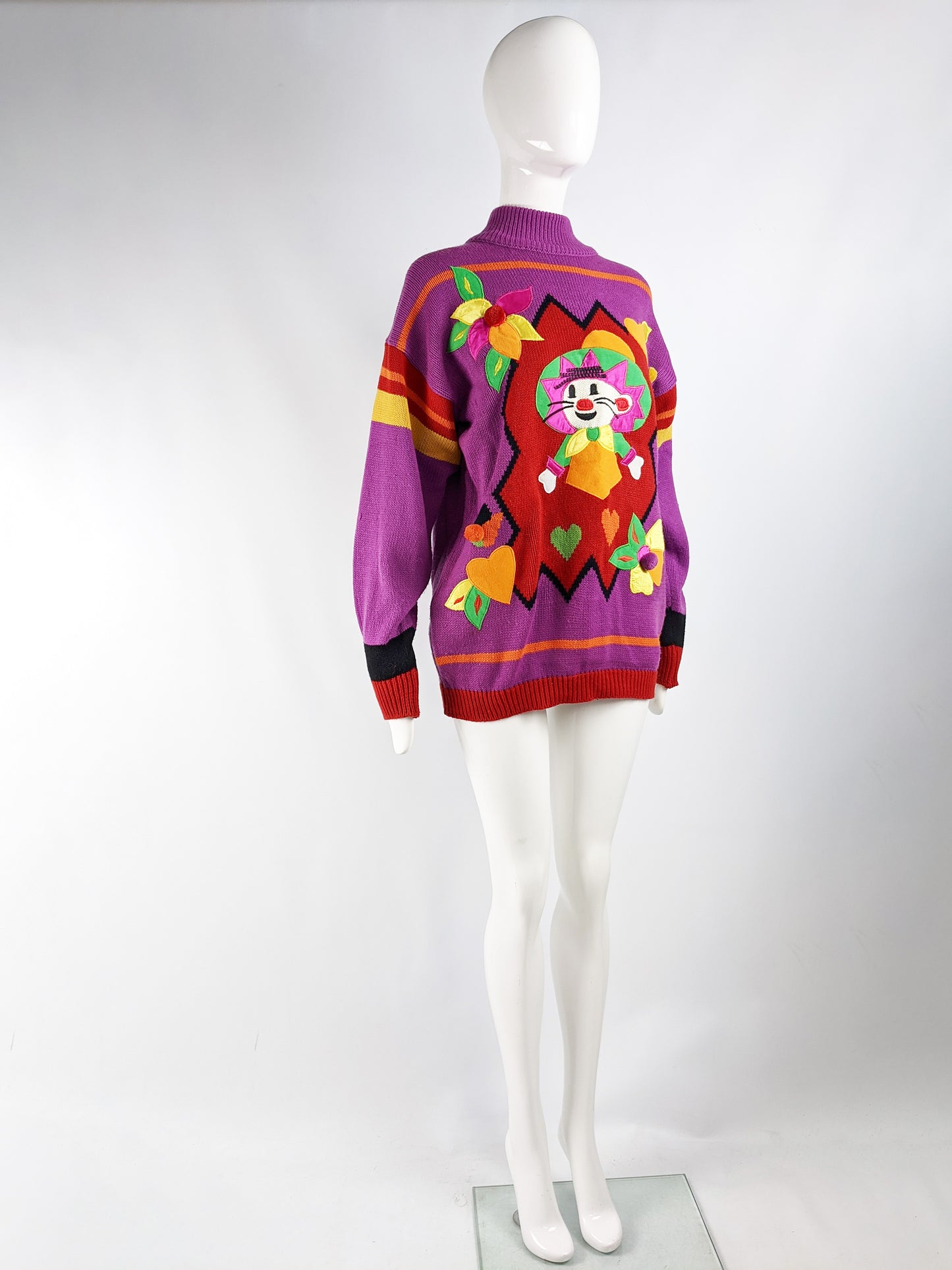 Vintage Womens Purple Mexican Mouse Satin Appliqué Sweater, 1980s