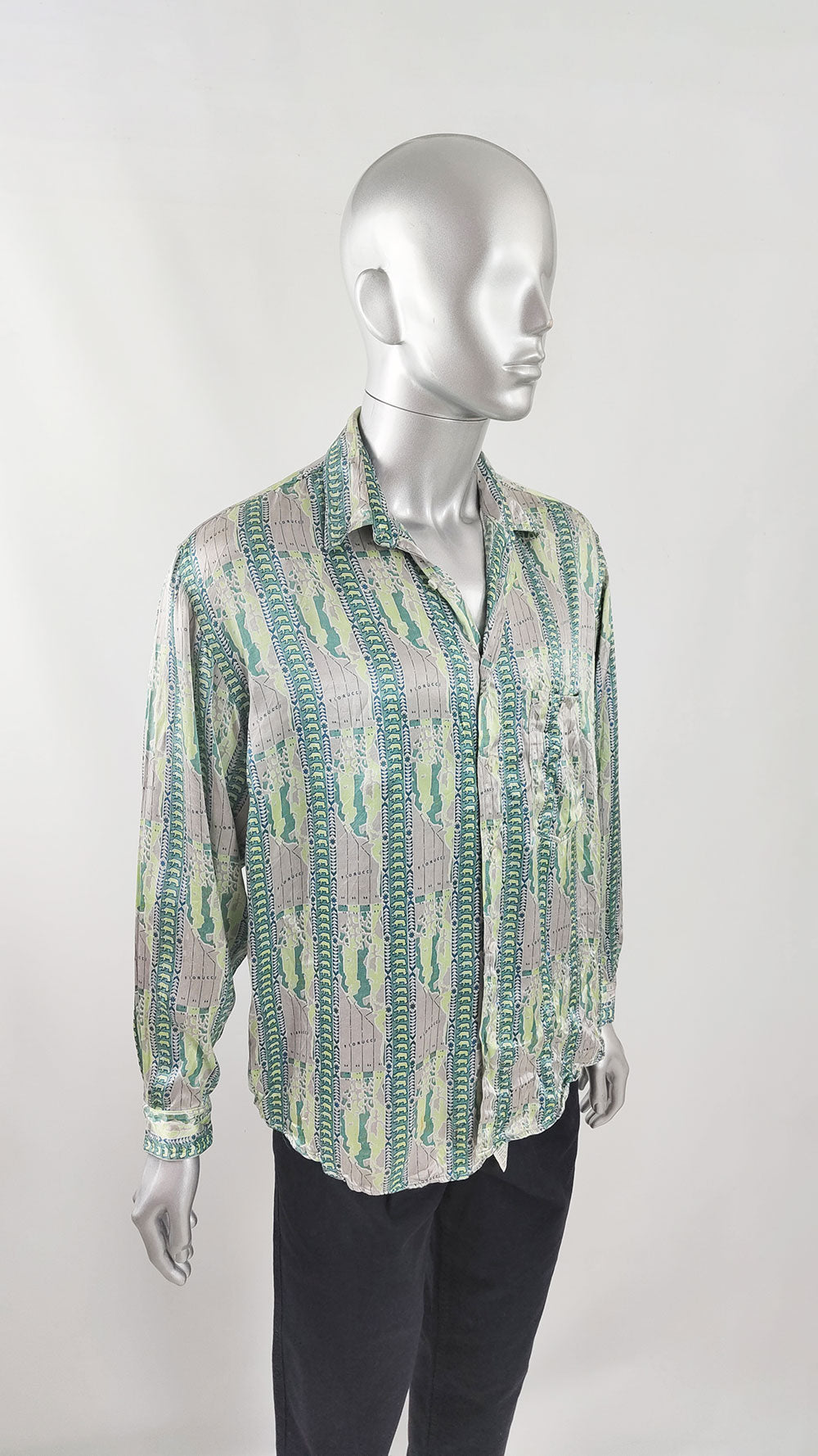 Fiorucci Vintage Mens Green & Grey Satin Shirt, 1980s