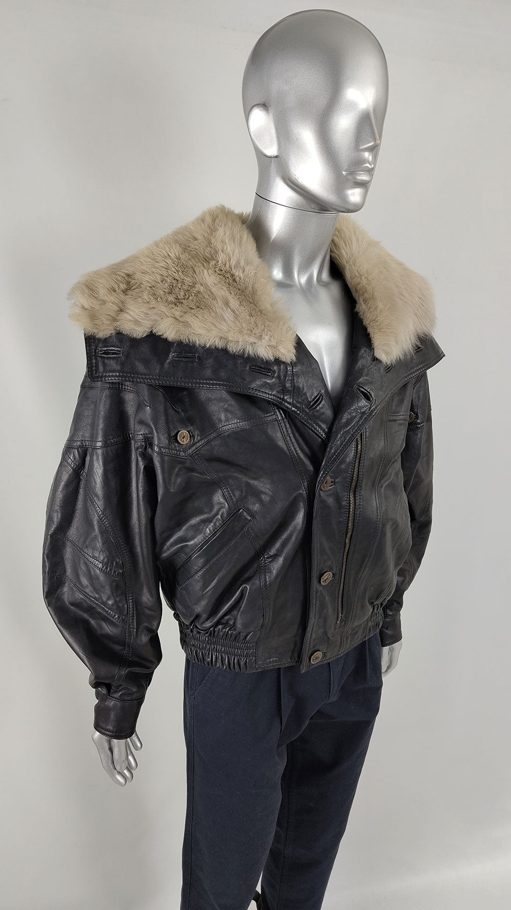 Vintage Mens Cecil Gee Leather & Faux Fur Coat, 1980s