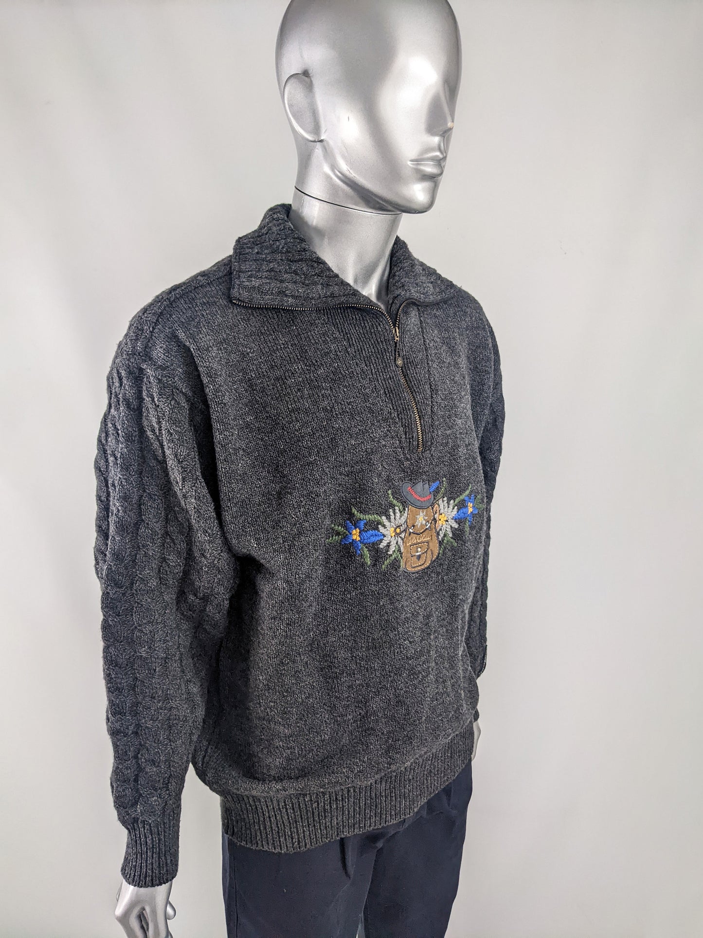 Carlo Colucci Vintage Mens Cable Knit & Embroidered Suede Sweater