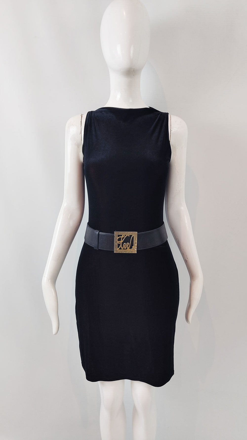 Karl Lagerfeld Vintage Gold & Black Leather Logo Belt, 1980s