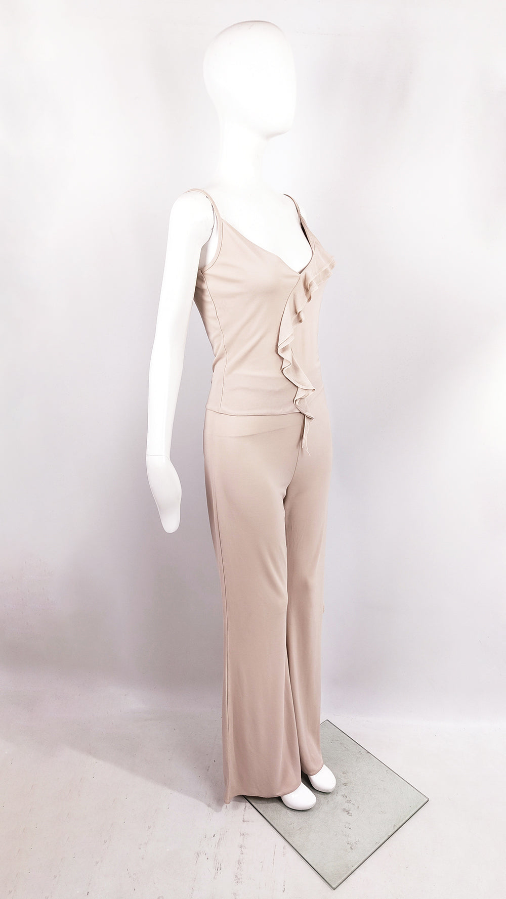 Orna Farho Paris Vintage Beige Ruffled Two Piece Top & Trousers Set