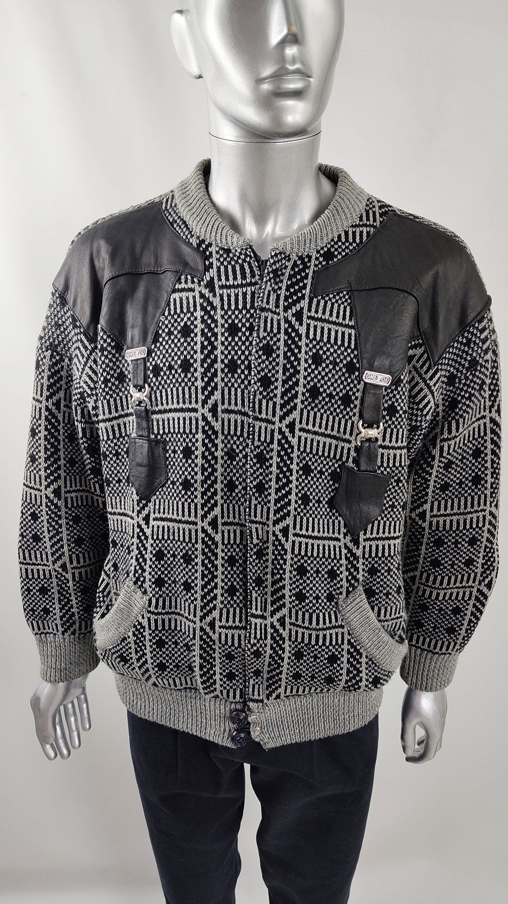 Vintage Mens Knit & Black Leather Zip Front Jacket, 1980s