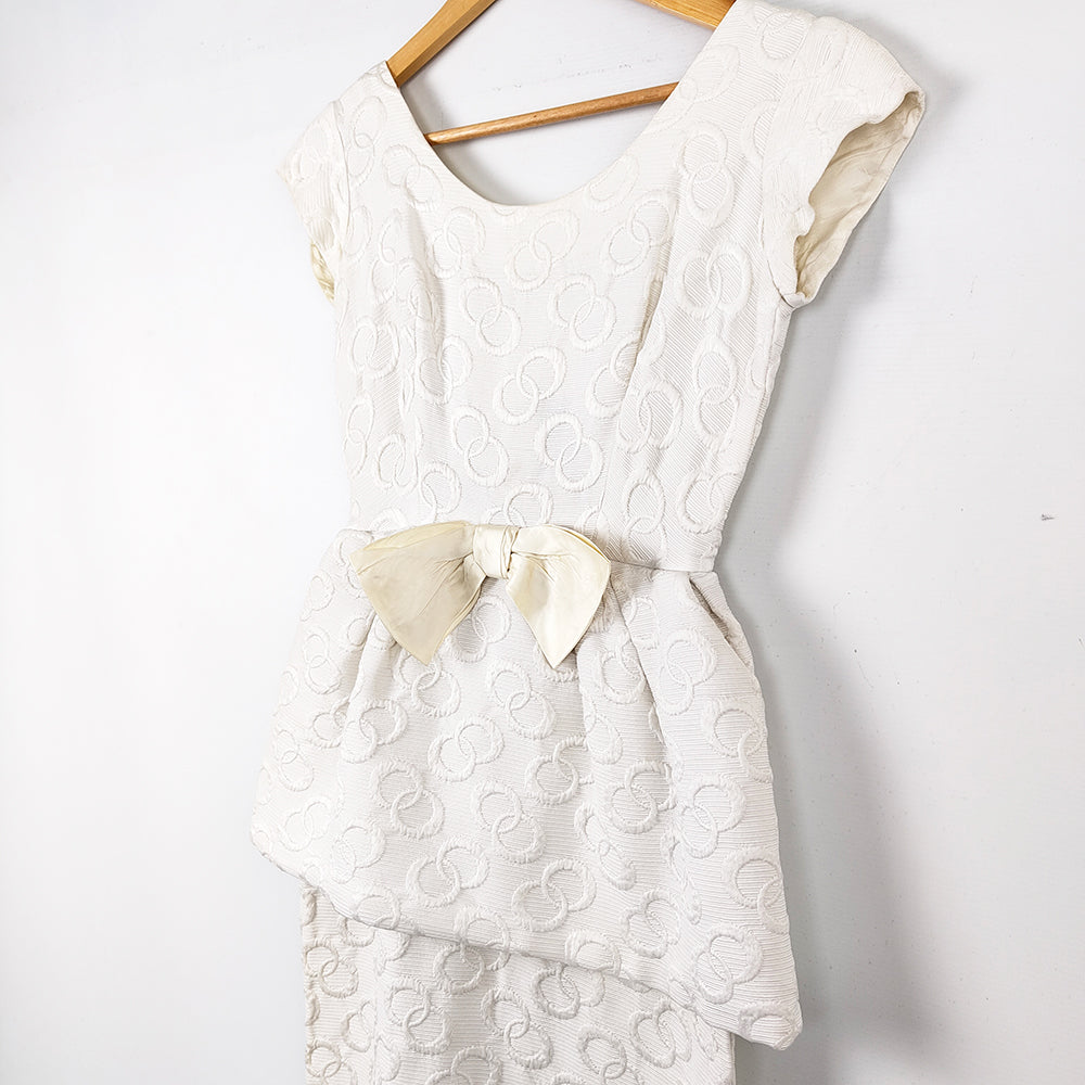 Vintage 1950s White Peplum Brocade Evening Dress