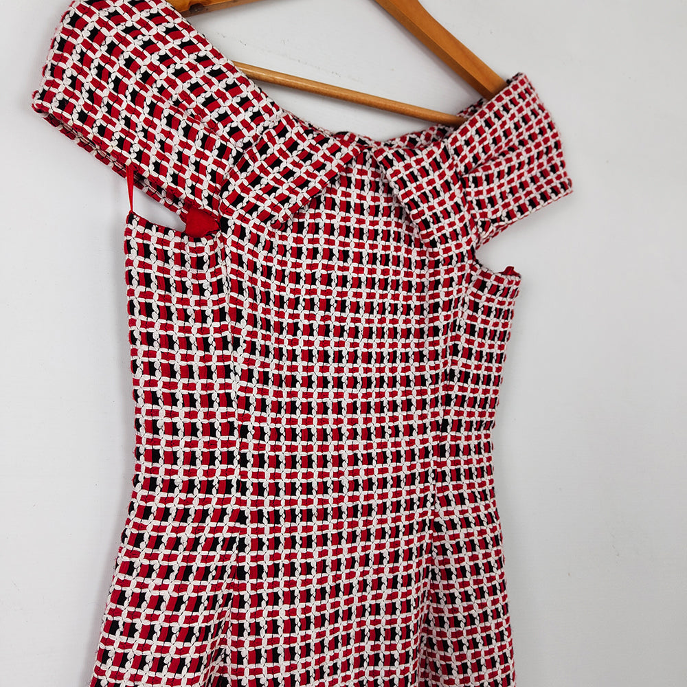 Andrea Odicini Couture Red White Woven Ribbon Party Dress