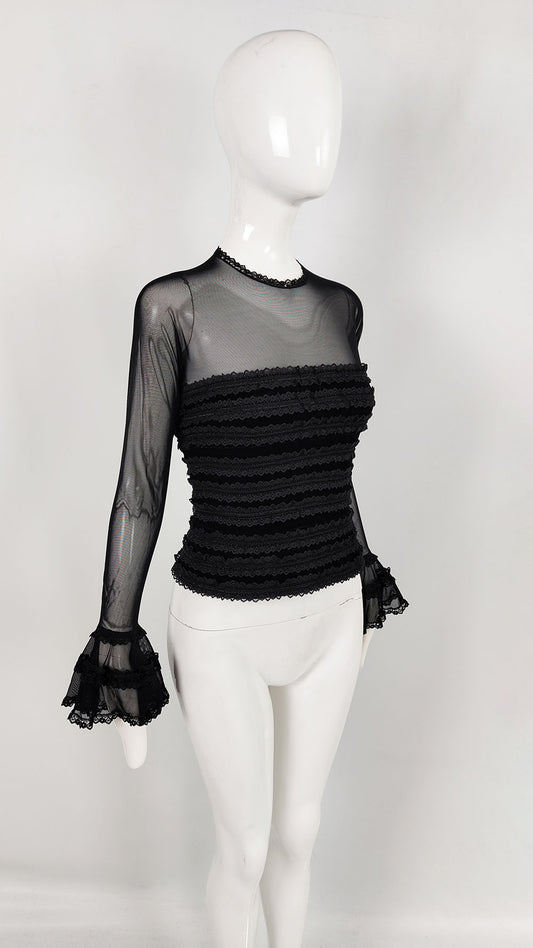 Tadashi Shoji Vintage Mesh Sleeve Black Evening Top, 1980s