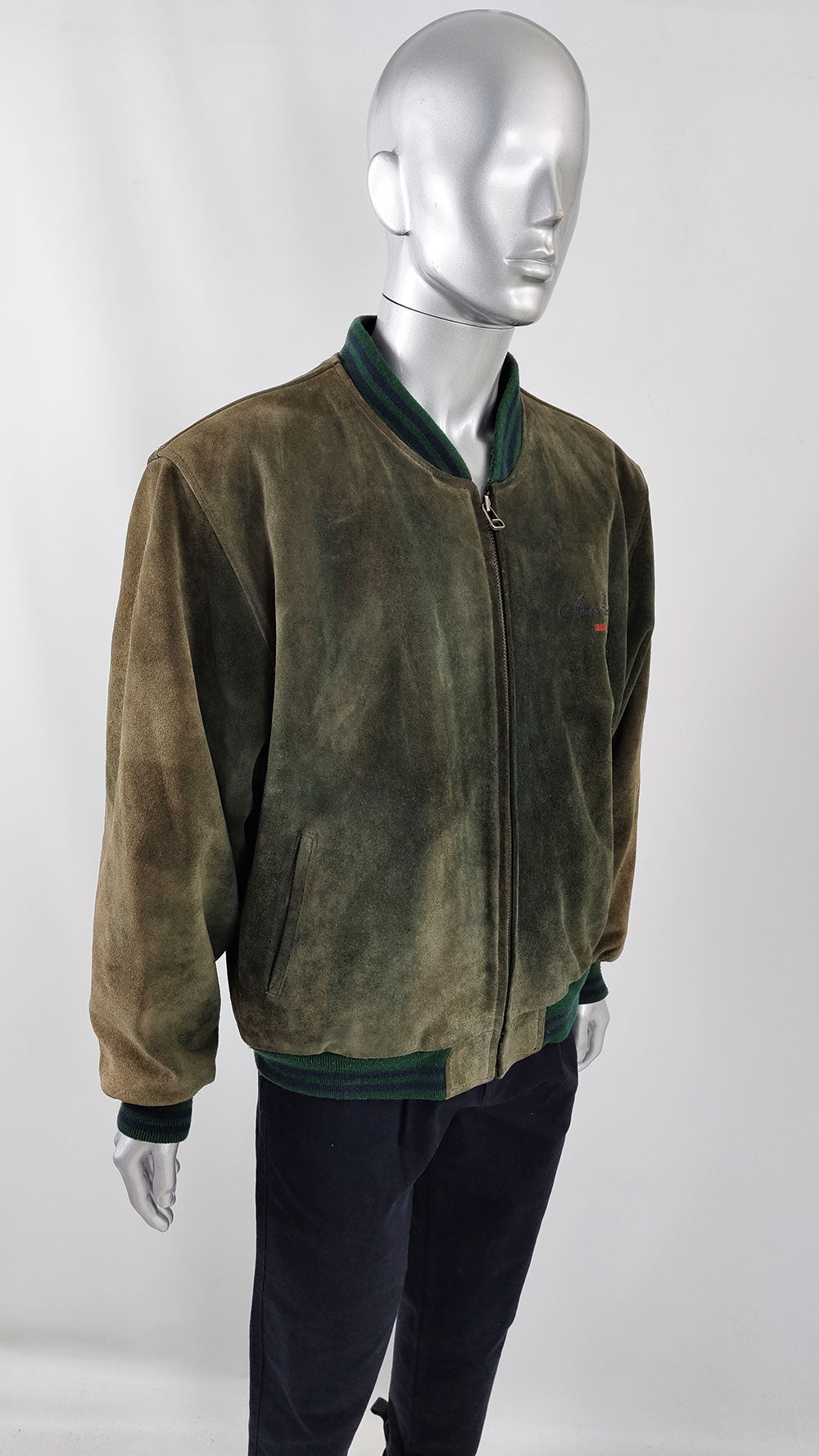 Vintage Mens Green & Brown Real Suede Bomber Jacket, 1980s