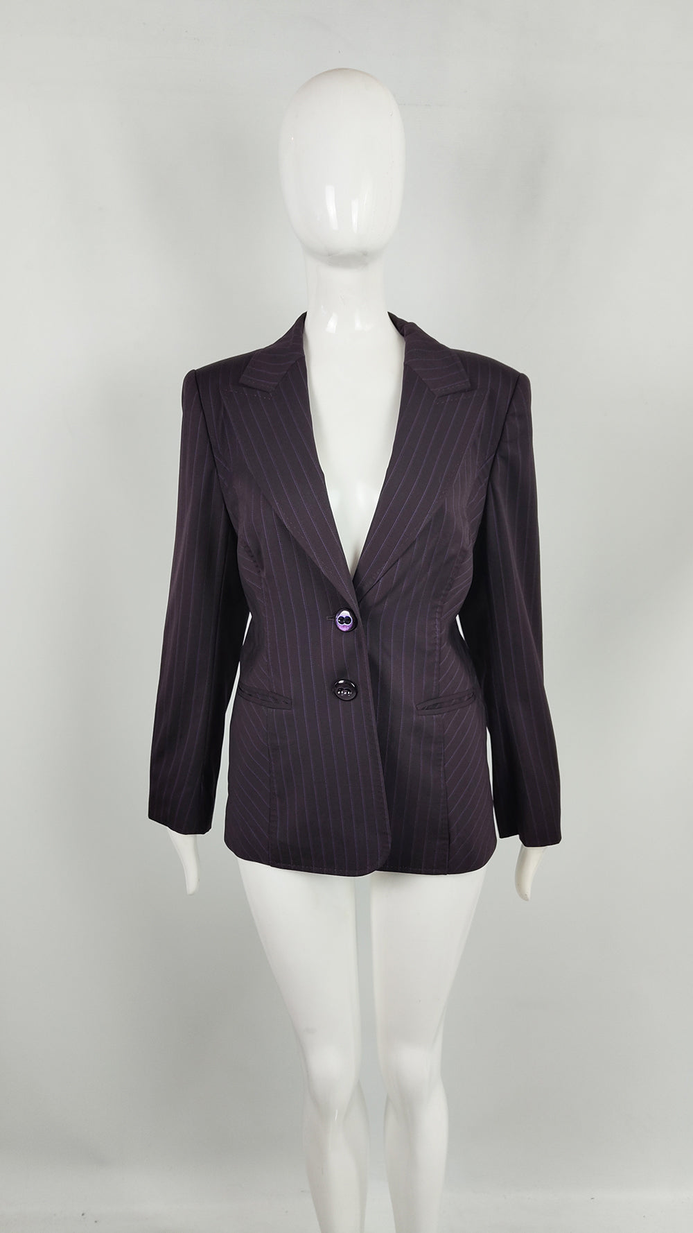 An Escada 2000s vintage brown and purple wool pinstripe womens blazer jacket. 
