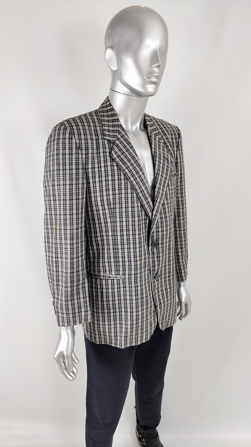 Texitaly Vintage Mens Italian Linen, Wool & Silk Check Blazer