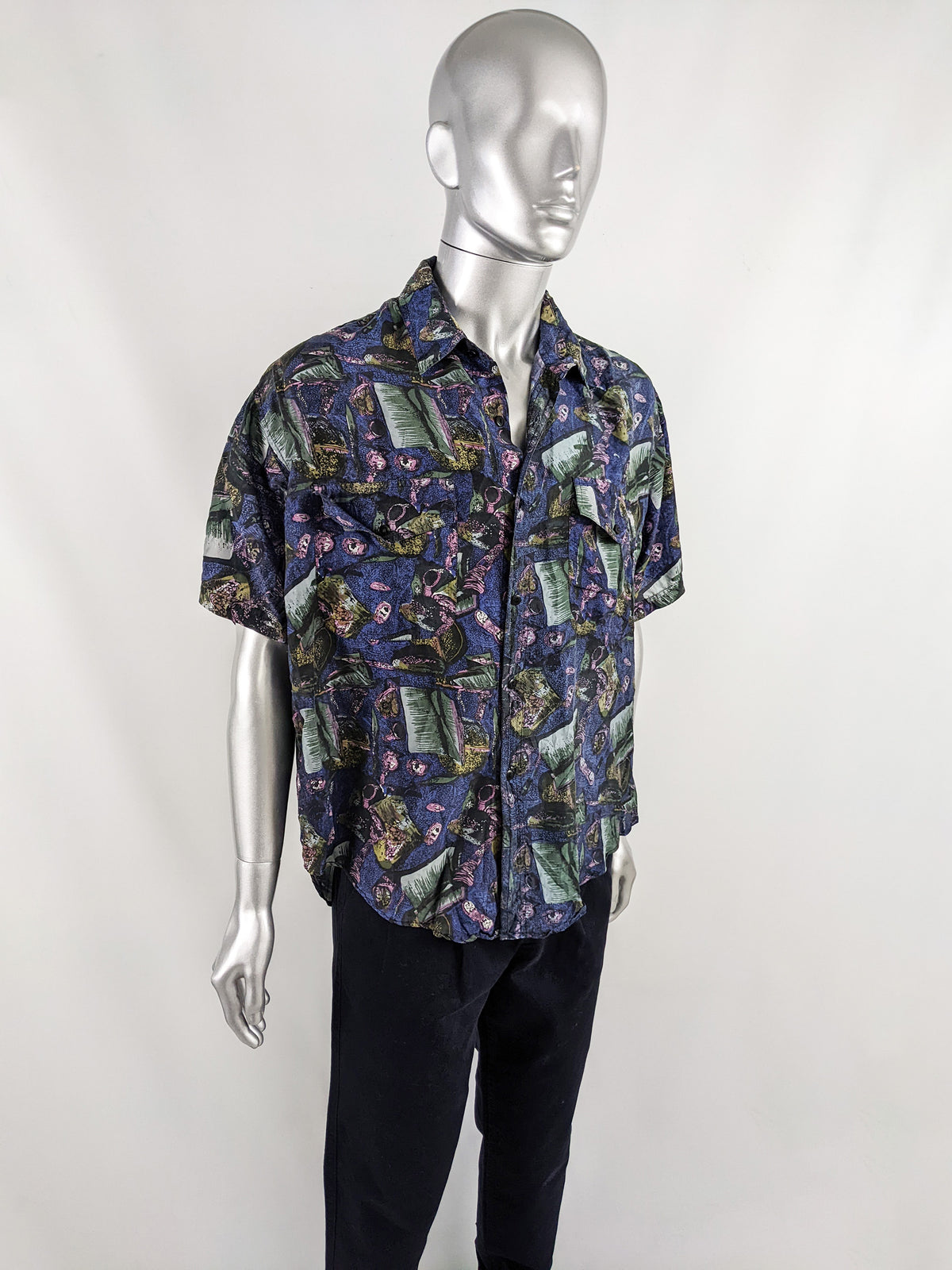 Naf Naf Vintage Men's Navy Blue Pure Silk Short Sleeve Shirt