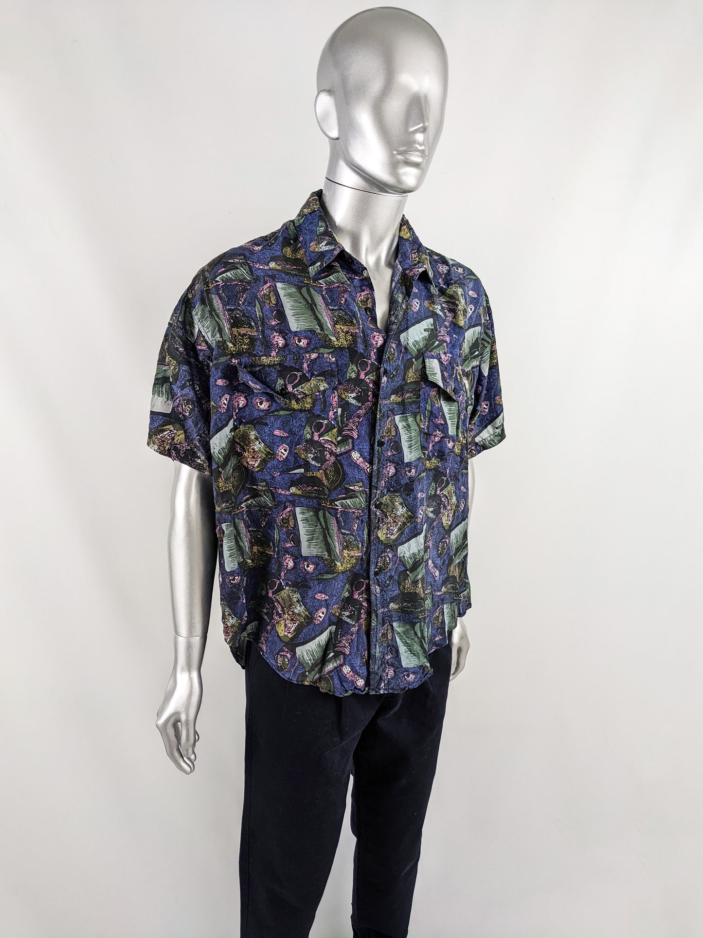 Naf Naf Vintage Men's Navy Blue Pure Silk Short Sleeve Shirt