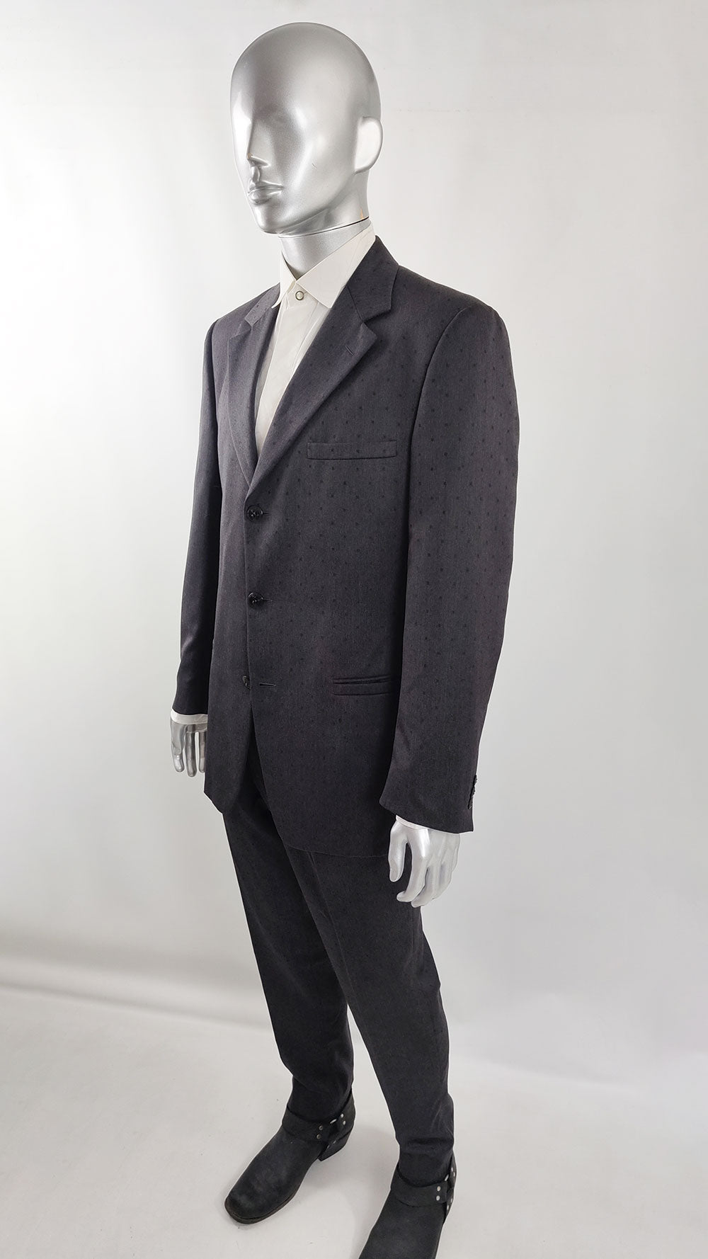 Gianni Versace Vintage Mens Charcoal Grey Wool Polka Dot Suit