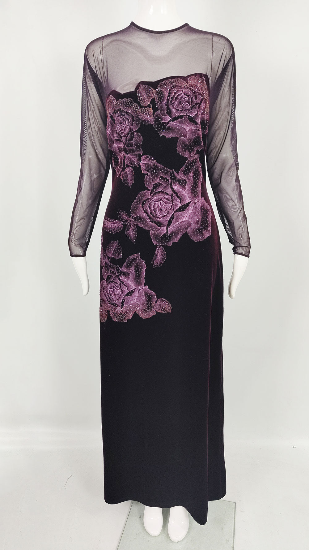 Tadashi Shoji Vintage Long Sleeve Mesh & Velvet Dress, 1990s