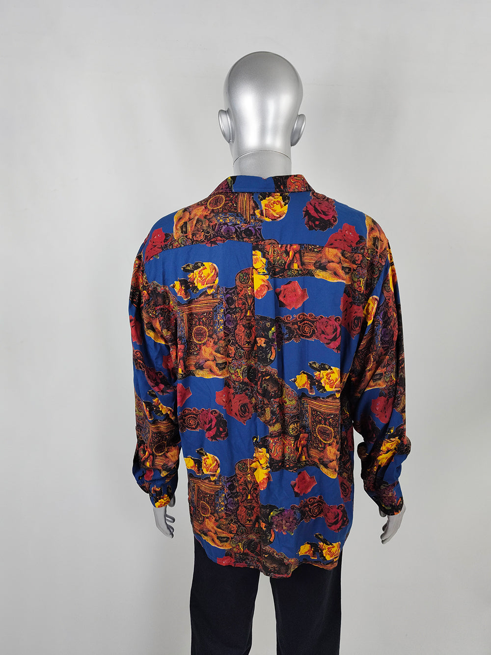 Zazzi Vintage Men's Blue Baroque Floral Viscose Shirt, 1990s