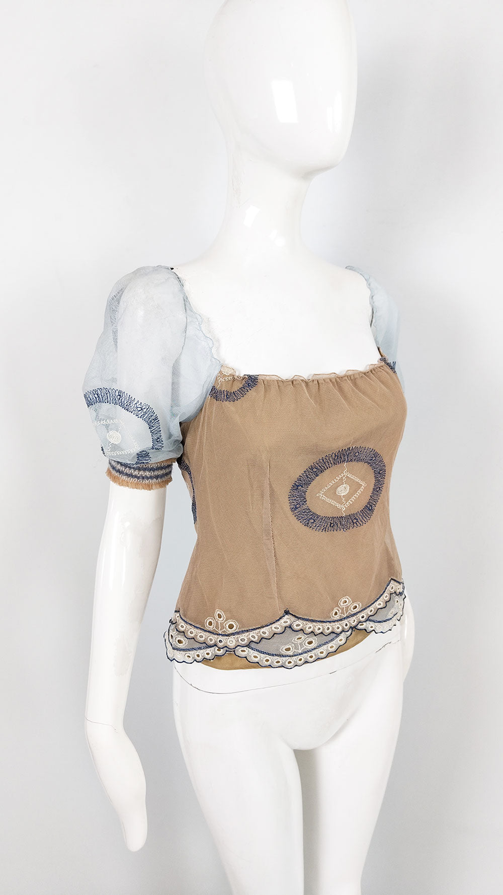 Ronit Zilkha Vintage Nude & Pastel Blue Mesh Embroidered Top