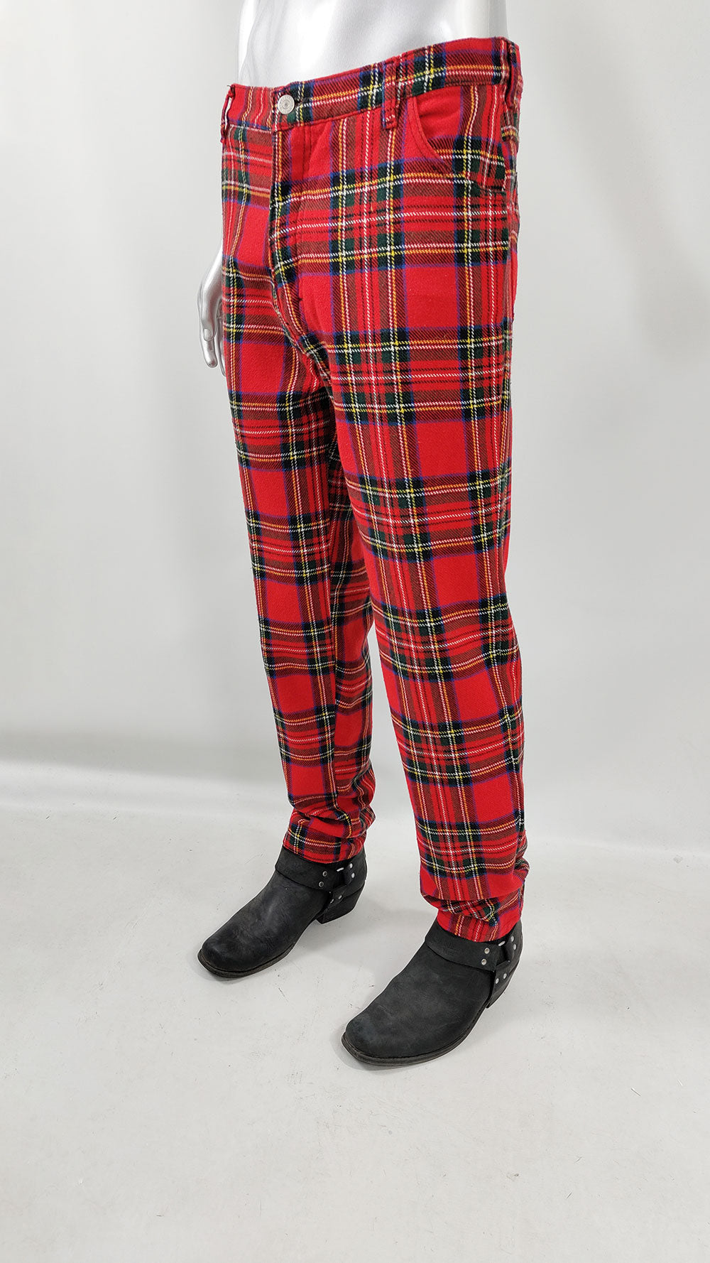 Mens vintage plaid check pants in red and green woolen fabric.