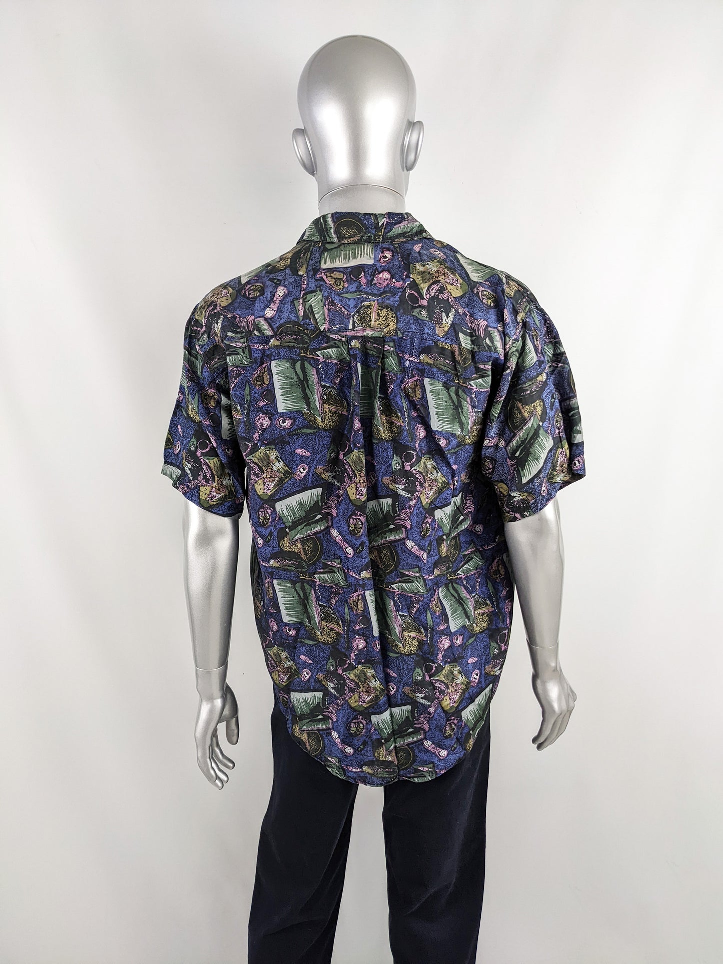 Naf Naf Vintage Men's Navy Blue Pure Silk Short Sleeve Shirt