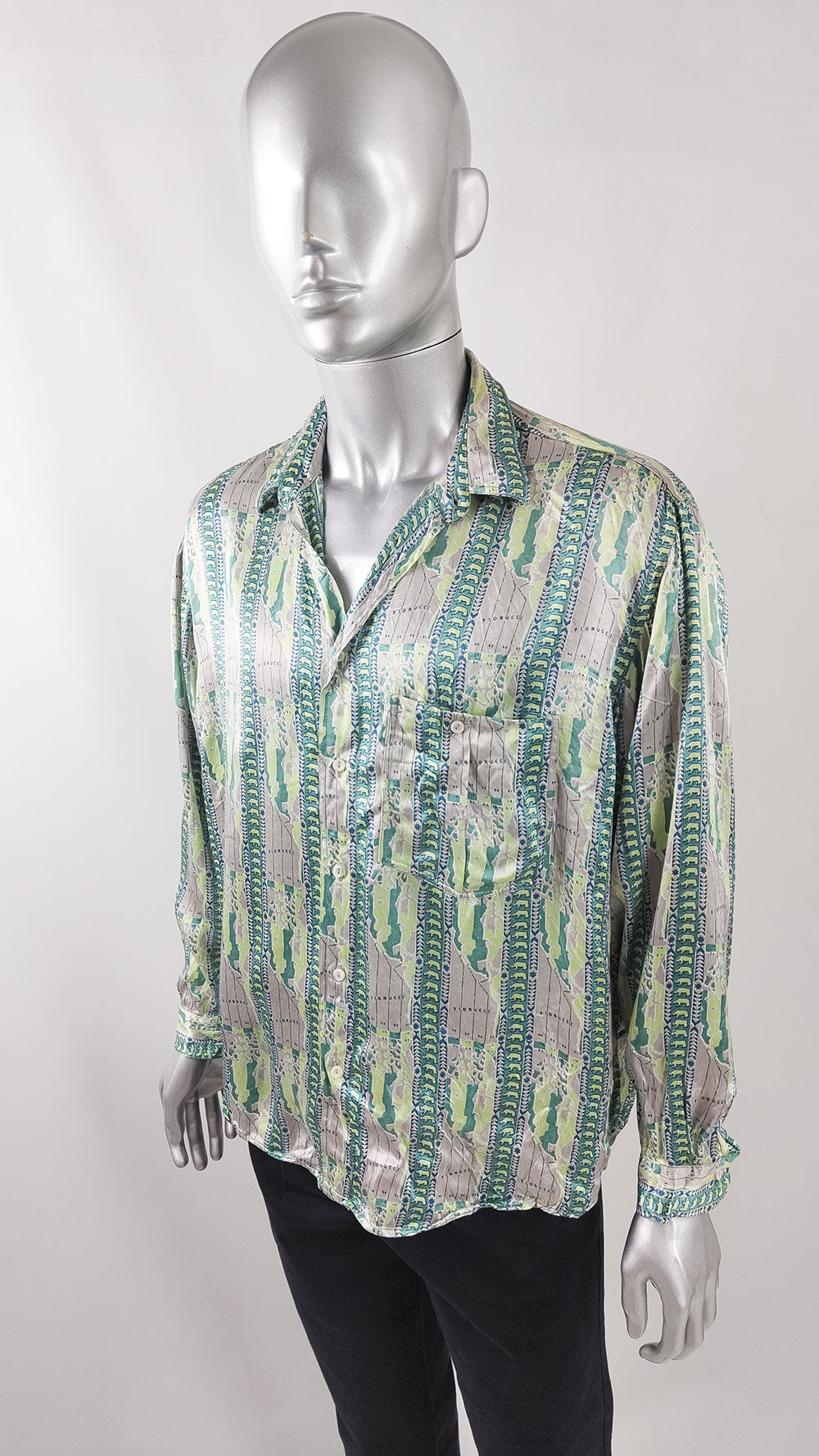 Fiorucci Vintage Mens Green & Grey Satin Shirt, 1980s