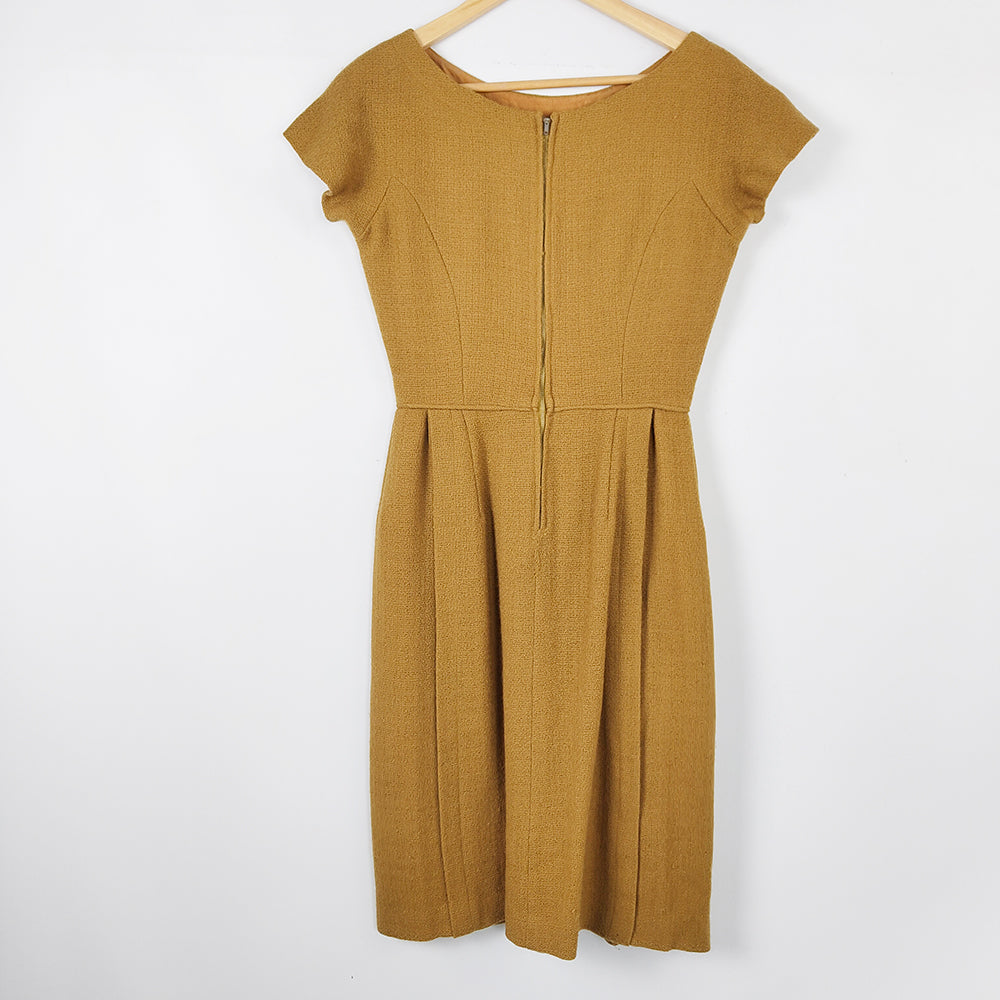 Vintage 1950s Mustard Wool Short Sleeve Dress