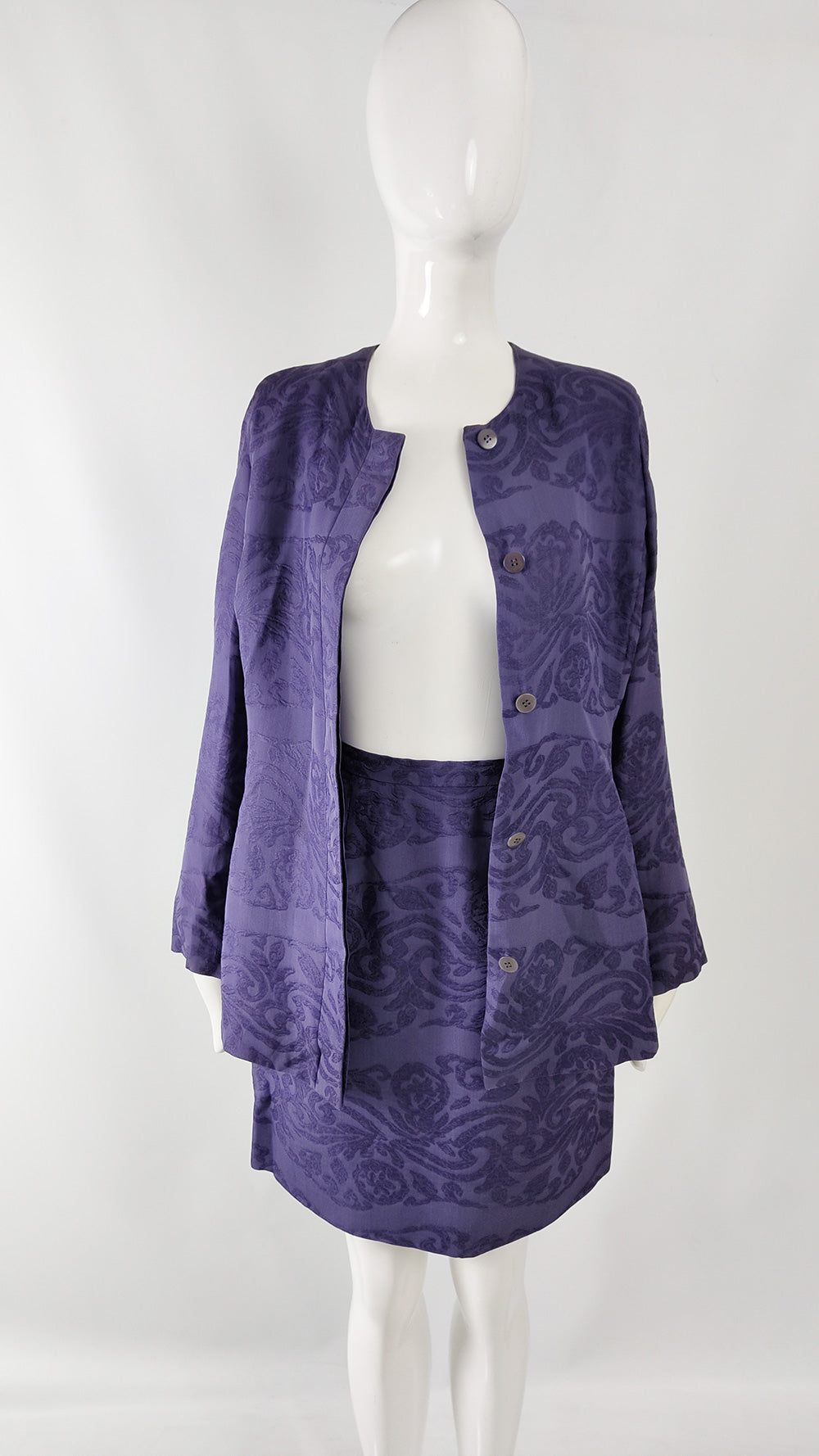 Giorgio Armani Vintage Womens Purple Silk Jacquard Skirt Suit