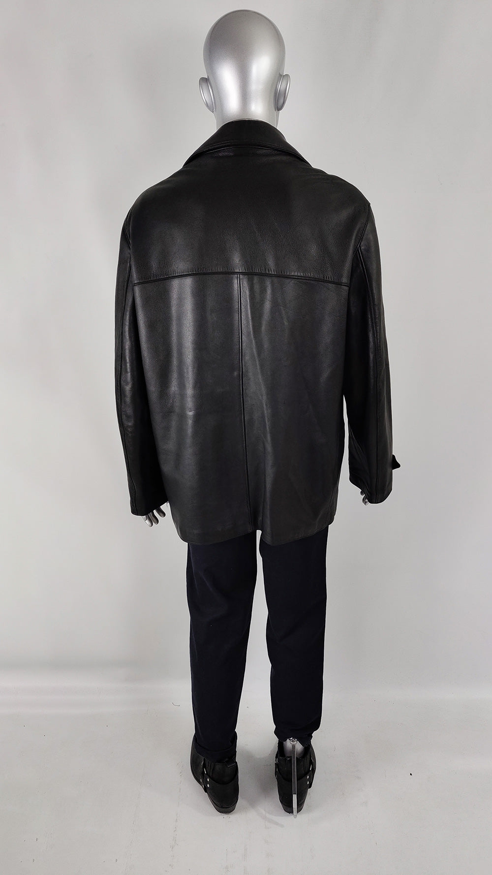 Gianni Versace Vintage Mens Black Leather Overcoat Jacket