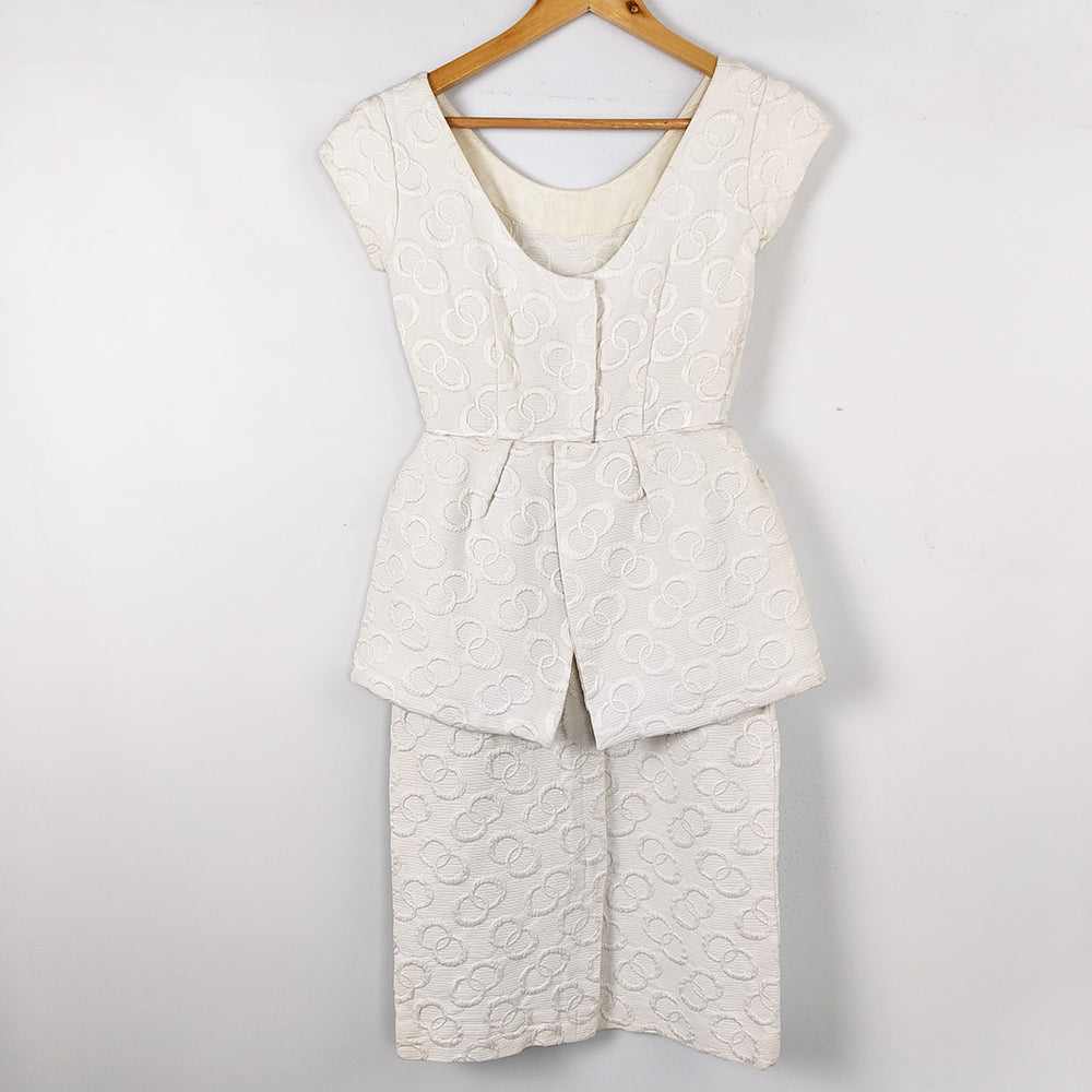 Vintage 1950s White Peplum Brocade Evening Dress