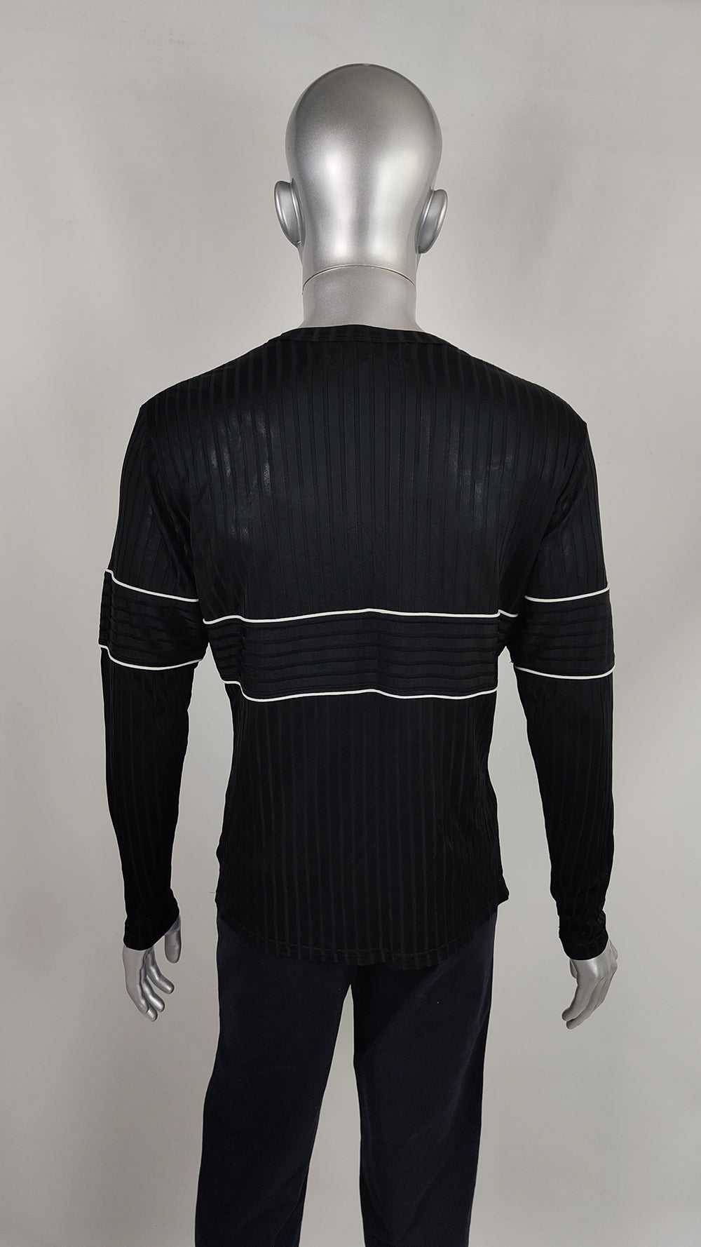 Nick Coleman Mens Vintage Black Ribbed Sheer Knit Jersey Top, 1990s