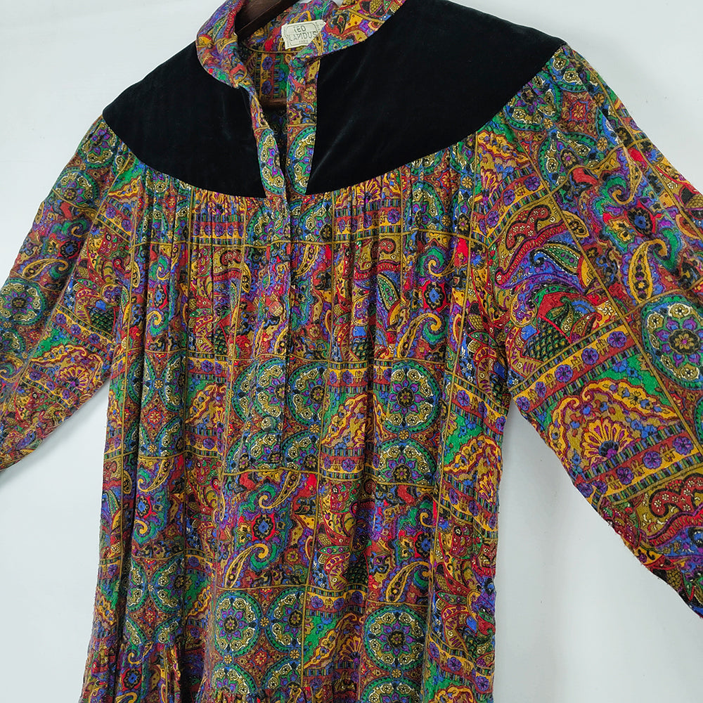 Womens Vintage Paisley & Velvet Boho Smock Dress, 1970s