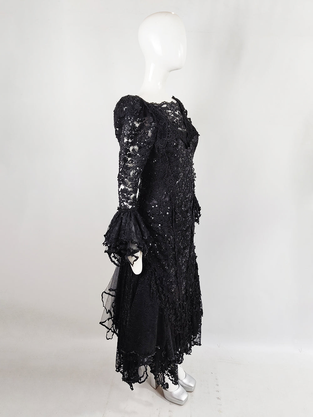 Carole Lee Vintage Black Lace Sequin Gothic Evening Ball Gown, 1980s