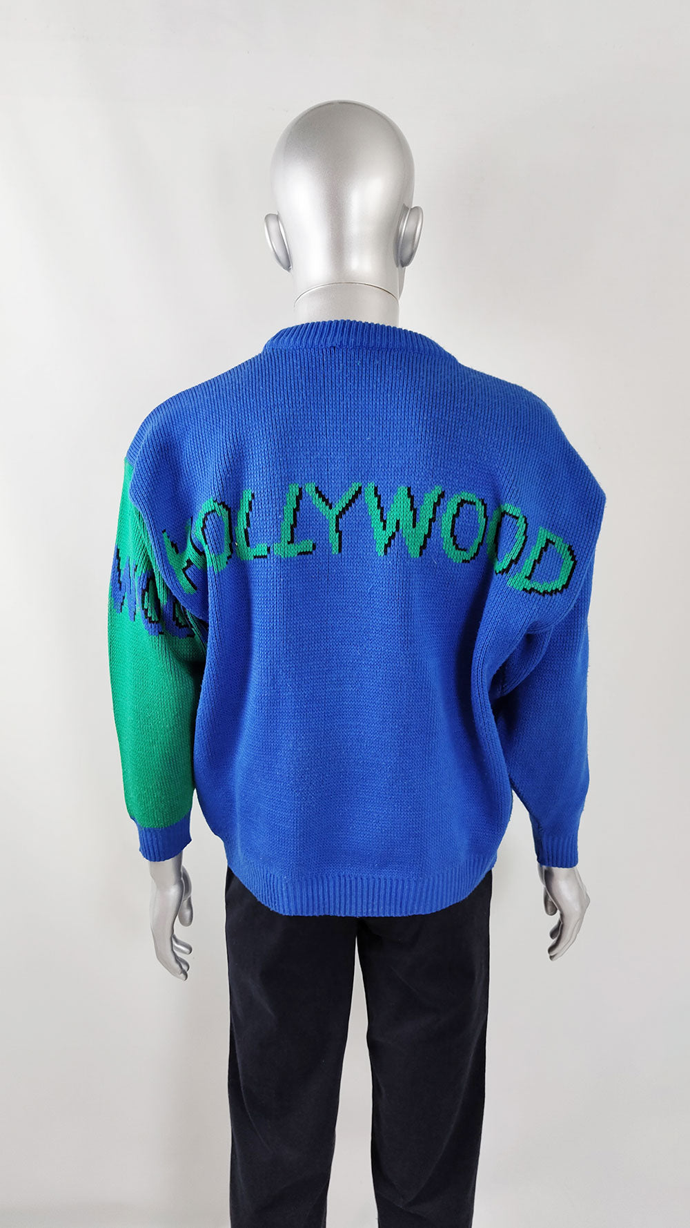 Hollywood California Vintage Mens Pop Art Blue Knit Sweater, 1980s