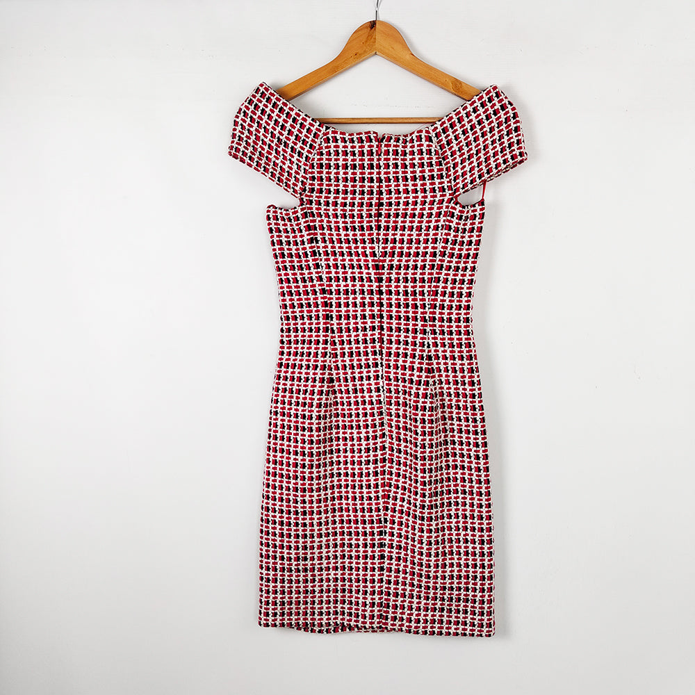 Andrea Odicini Couture Red White Woven Ribbon Party Dress