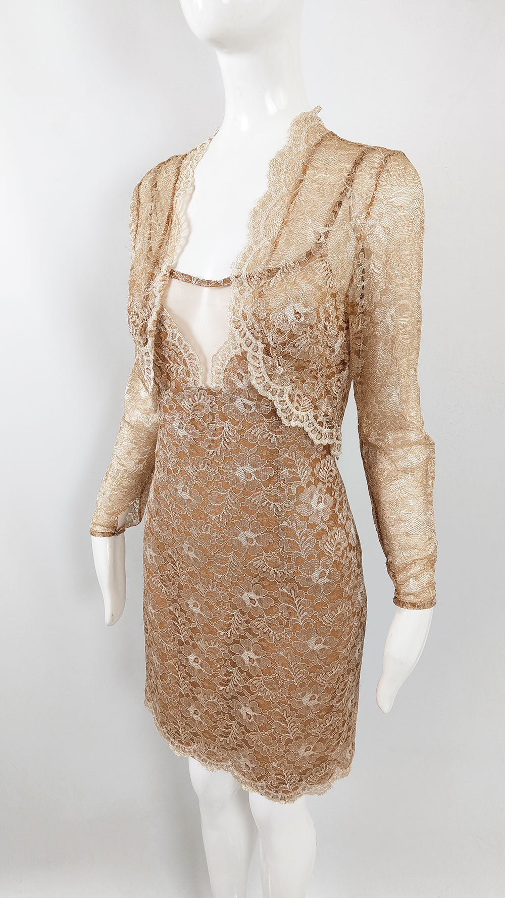 Jiki of Monte Carlo Vintage Sexy Tan Lace Dress & Shrug Ensemble